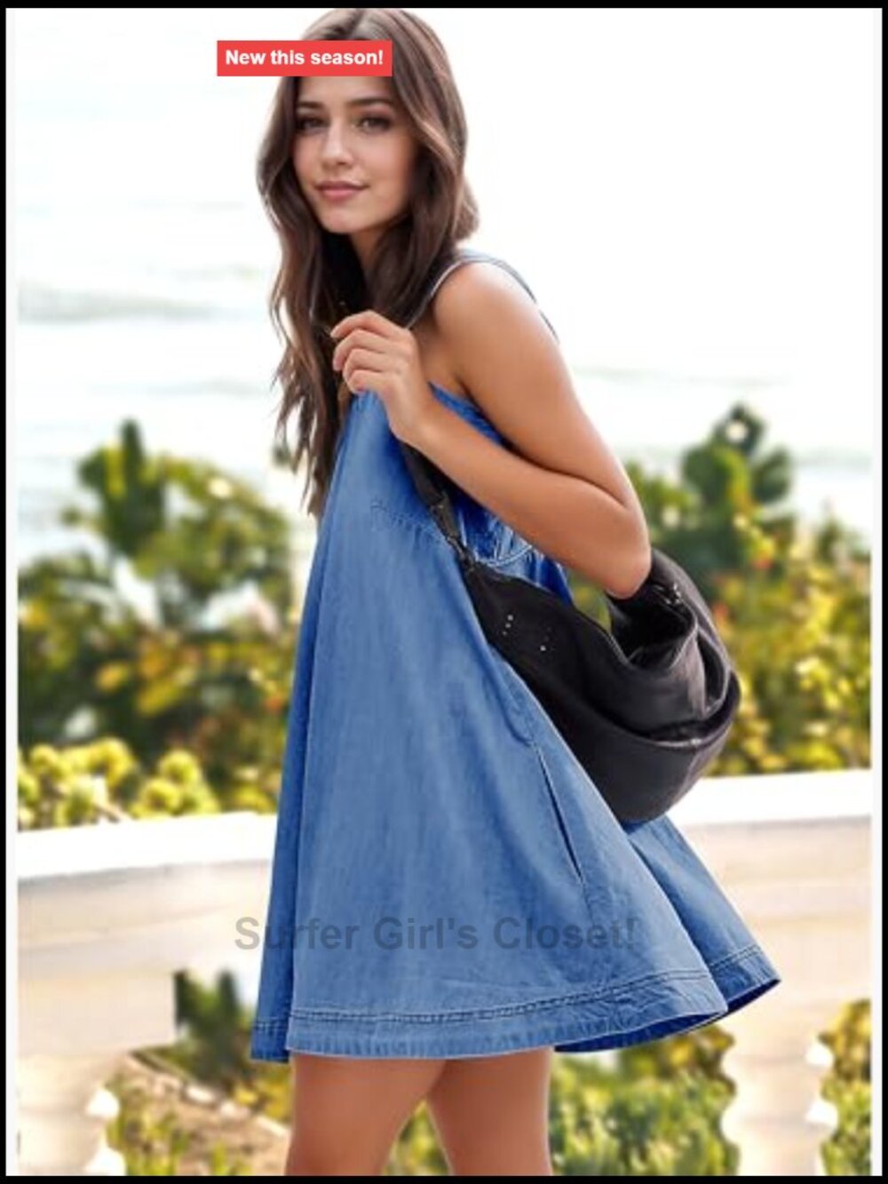 Sleeveless Denim Babydoll Mini Dress Cutout Back A-Line Flowy with Pockets - Picture 6 of 7